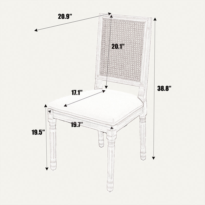 Elegant Louis XVI Dining Chairs With Rattan Back (Set Of 2) - Upholstered Linen Seats,Solid Wood Frame, Antique Finish, Rattan Backrest