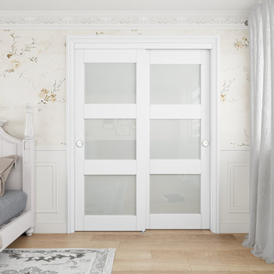 80"H 3-Lite Frosted Tempered Glass Sliding Closet Door with Hardware Kit & Handles（requires assembly）
