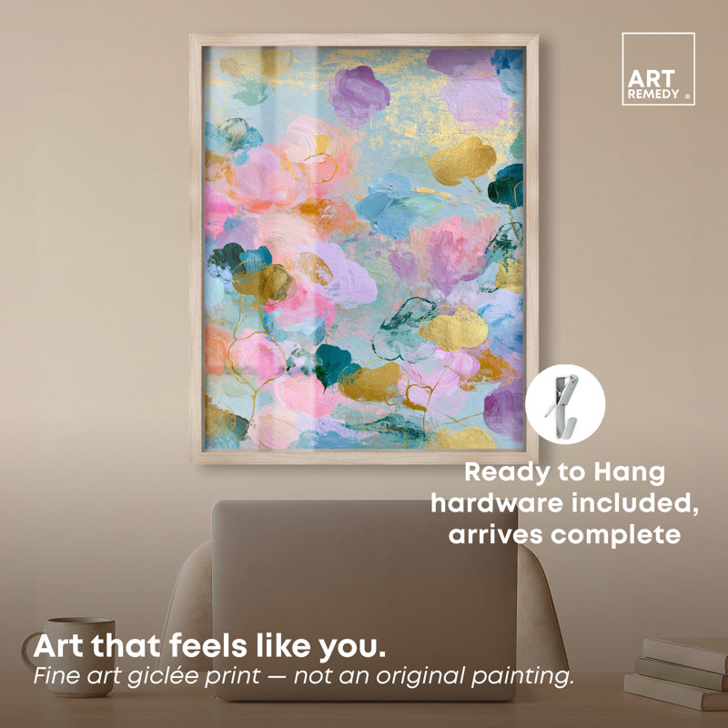 «Radiant Mirage Shadowbox Print», art abstrait moderne par, H 24 po x l 20 po, Cadre en chêne naturel