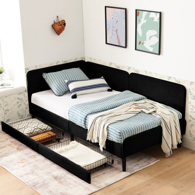 Lit simple en velours réglable avec 2 tiroirs de rangement, lit noir, confortable pour se détendre, structure d'une capacité de 300 lb, repos