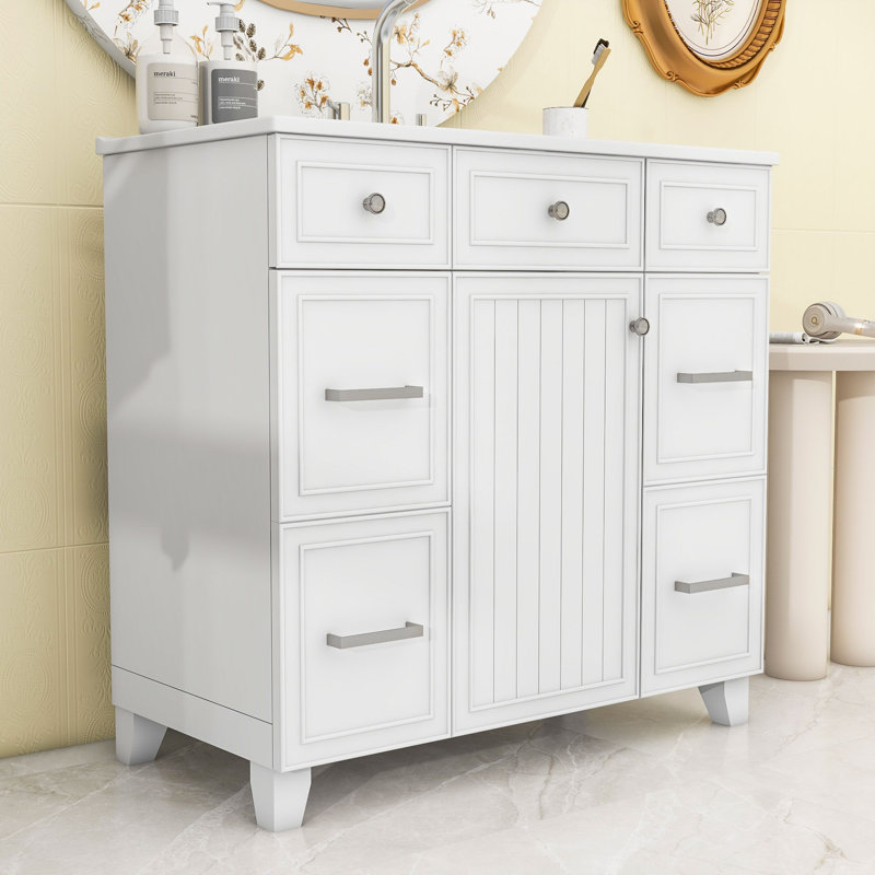 Meuble-lavabo chic 36 po avec comptoir en céramique, armoire à fermeture douce et 3 tiroirs, Blanc