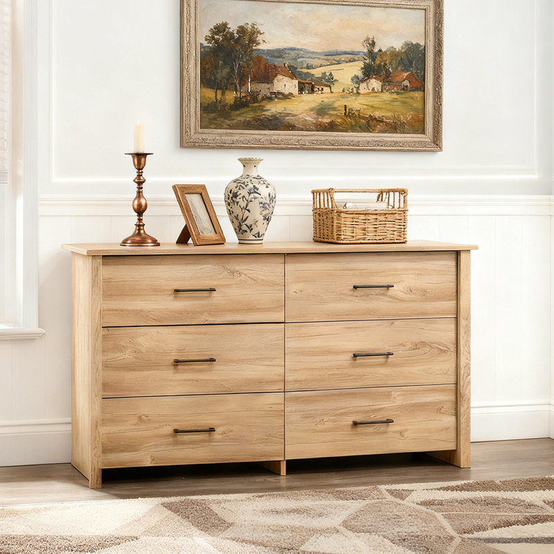 Commode de rangement 57 po à 6 tiroirs en chêne clair 57 po