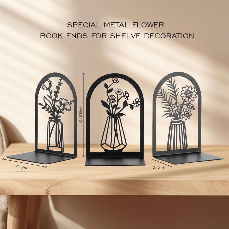 Black Metal Floral Vase Design Non-Slip Bookends Set
