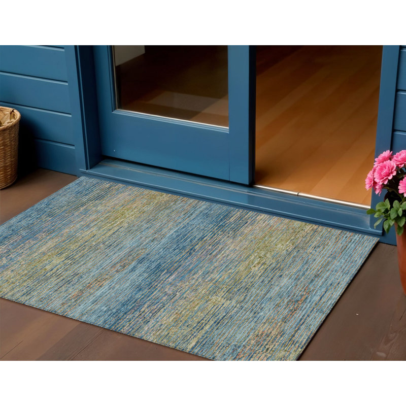 3' X 5' Denim Blue Striped Washable Indoor Outdoor Area Rug