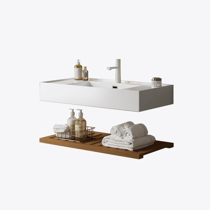 Meuble-lavabo de 36 po avec lavabo vasque, lavabo intégré mural flottant rectangulaire en acrylique blanc sans robinet, tablette rayée, noyer foncé