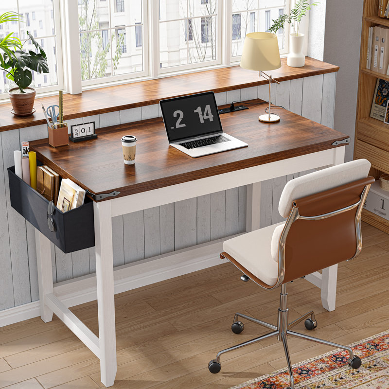 Petit bureau d'ordinateur avec prise de courant, bureau à domicile pour chambre à coucher, bureau d'écriture avec sac de rangement