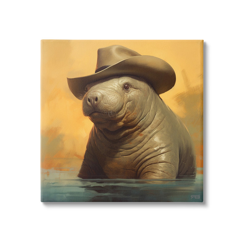 «Natation lamantin avec chapeau», art mural par RB, H 17 po x l 17 po
