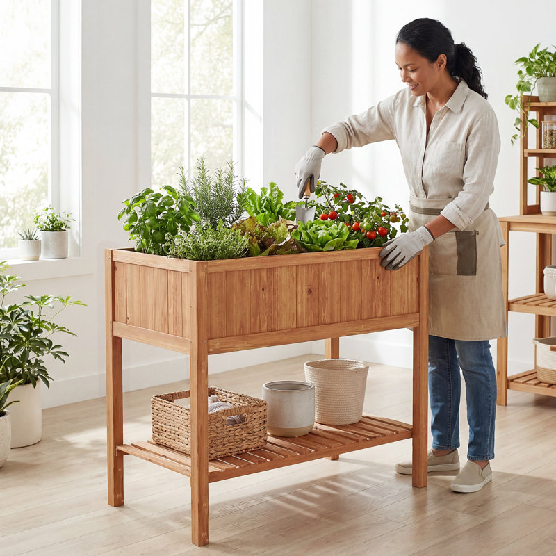 Gymax Wooden Raised Garden Bed w/ Legs Liner Storage Shelf Large Planter Box for Herb, 1