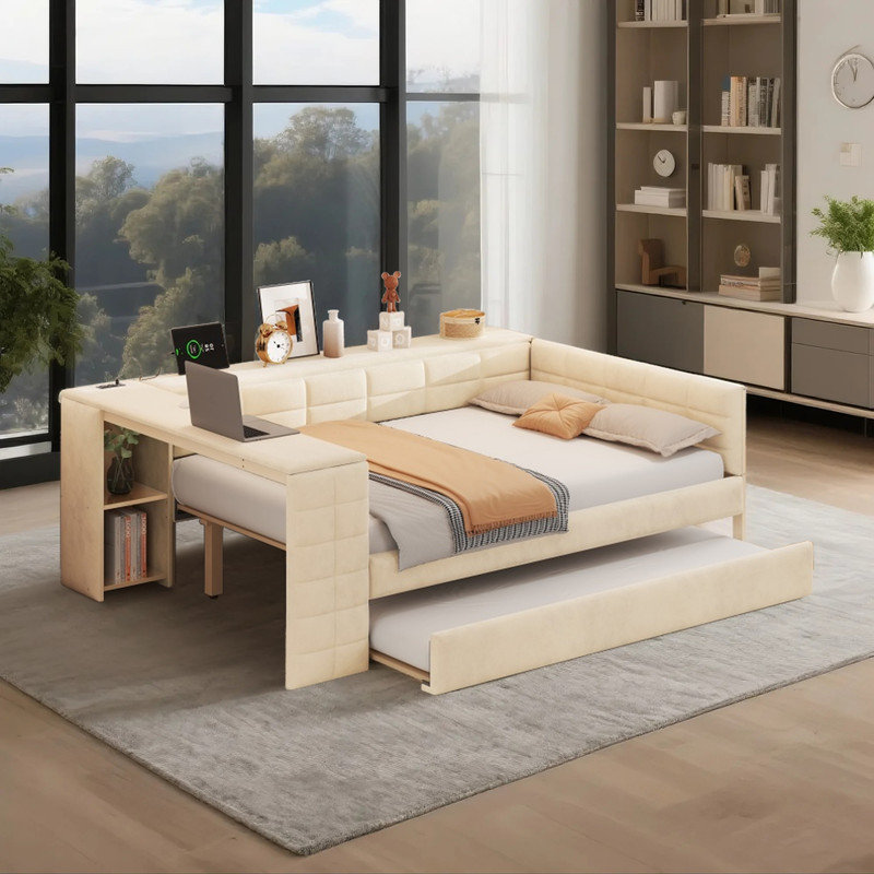 Structure de lit double pleine grandeur avec tablettes et lit gigogne, Beige