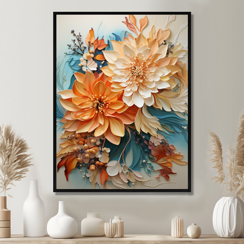 Orange Teal Botanical Whirlwind I On Canvas Print, 44" H x 34" W, Floater Framed Print, Black