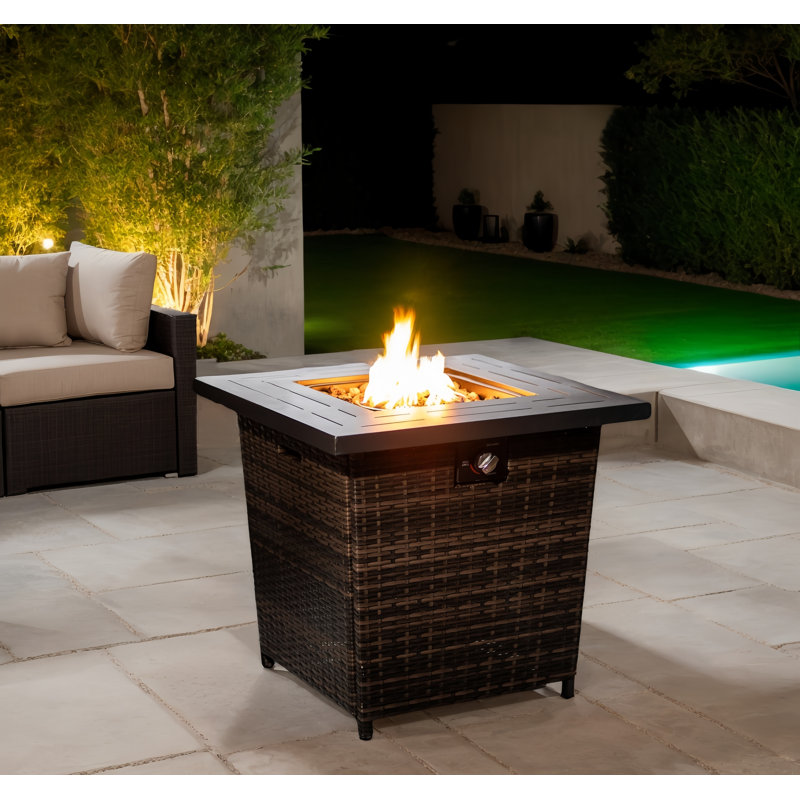 28" 50000 Btu Square Steel Propane Gas Fire Pit Table With Beautiful Wicker Base, Fire Pit For Outside Patio Deck Garden Backyard