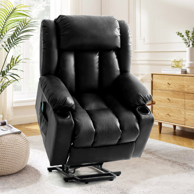 Power Lift Recliner Chair with Heat & Massage, Leather Recliners with Cup Holder, USB Charge, for Living Room (Black)