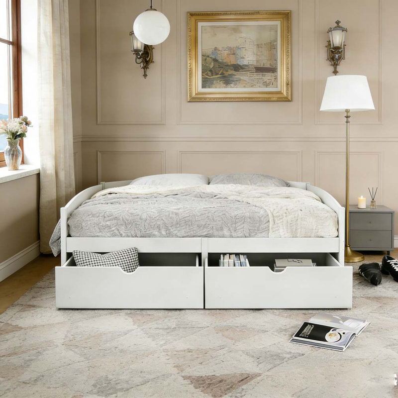 Lit plateforme simple avec deux tiroirs, Blanc / Blanc