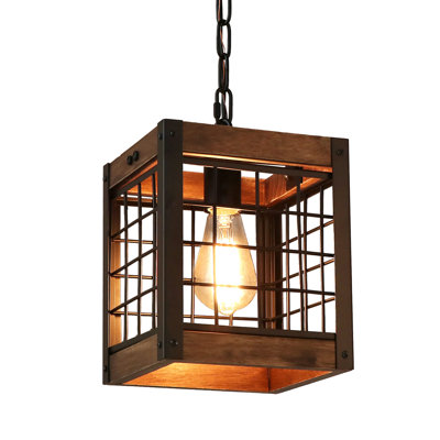 1-Light Rustic Farmhouse Cage Pendant, Adjustable Wood Metal Square Lantern for Kitchen Island and Dining Room