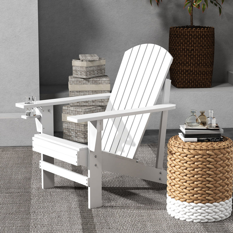 Wooden Chair With Cup Holder In White, Great For Outdoor Social Spaces Patio, Lawn, Deck, Garden, Backyard, Fire Pit - To Weather Perfect Activity Spots Like