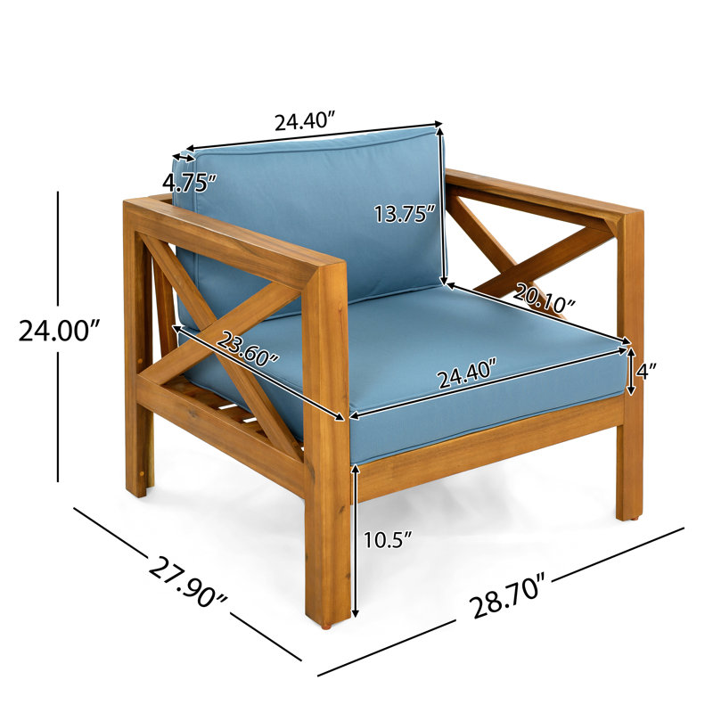 Ensemble de conversation de patio en bois d'acacia 3 pièces comprenant 2 chaises d'extérieur en forme de X avec coussin et dossier, 1 table de bout carrée