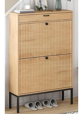 Rangement pour chaussures à 3 niveaux avec 2 tiroirs rabattables et étagère à chaussures autoportante avec pieds en métal