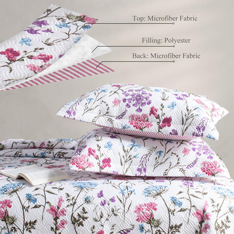 Kasentex Quilt Set - Lightweight Breadspread Coverlet Sets - All Season Bedding - Soft Light Summer Comforter, White Floral