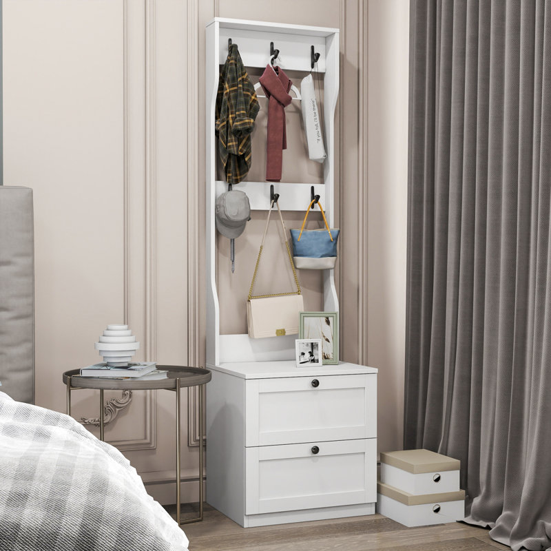 2-In-1 Coat Rack And Nightstand,Wood Bedside/Entryway Storage Organizer With Drawer & Hooks, Freestanding Clothes Hanger For Bedroom,Hallway