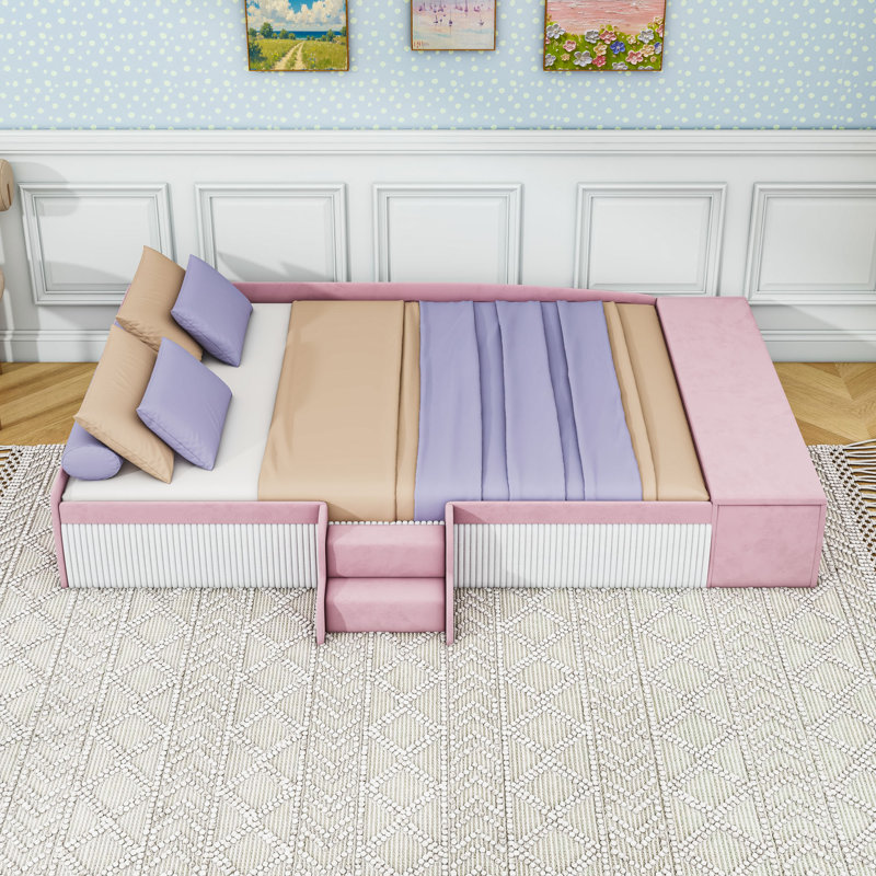 Upholstered Daybed with Gas Lift Storage Ottoman, Pink White, Full