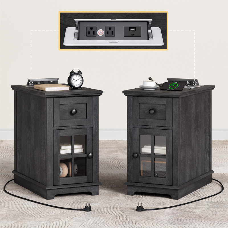 Binyameen 1 Drawer Nightstand for Bedroom with Storage and Built-in outlets, Black/Black