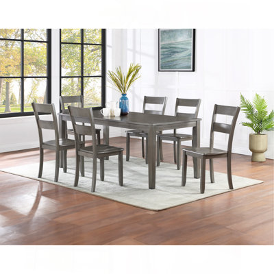Transitional 7Pc Dining Set Rectangular Table Wood Base Ladder Back Chairs Gray Finish Wooden Dining Room Furniture