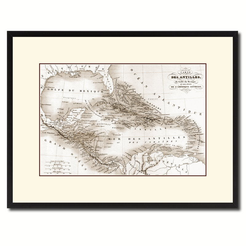 Impression sur toile de la carte sépia des Antilles, 16 x 21