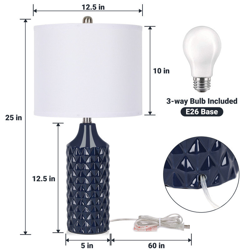 Navy Blue Ceramic Table Lamp Set with White Linen Shades