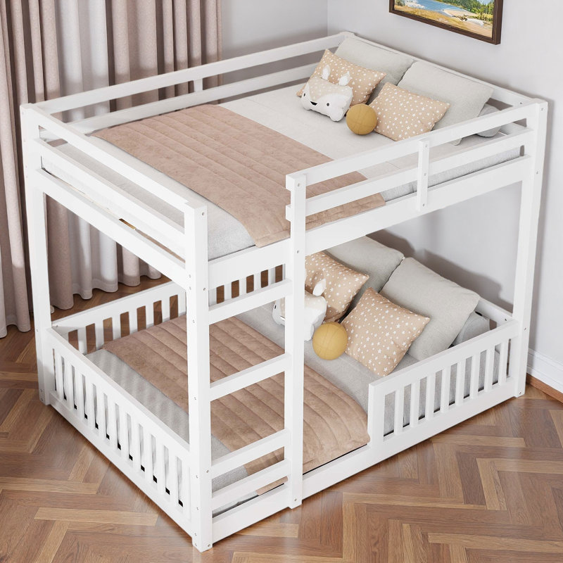 Wood Bunk Bed With Ladder And Guardrails, White