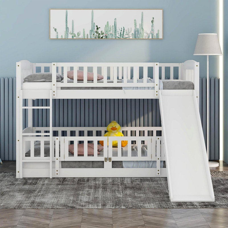 Lit superposé avec glissade, lit superposé bas avec clôture et échelle pour enfants adolescents, Blanc
