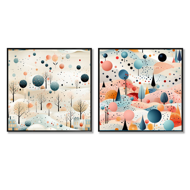 Ensemble de 2 collages carrés gris et bleu à motif de pokas rétro - paysages abstraits, Cadre flottant noir