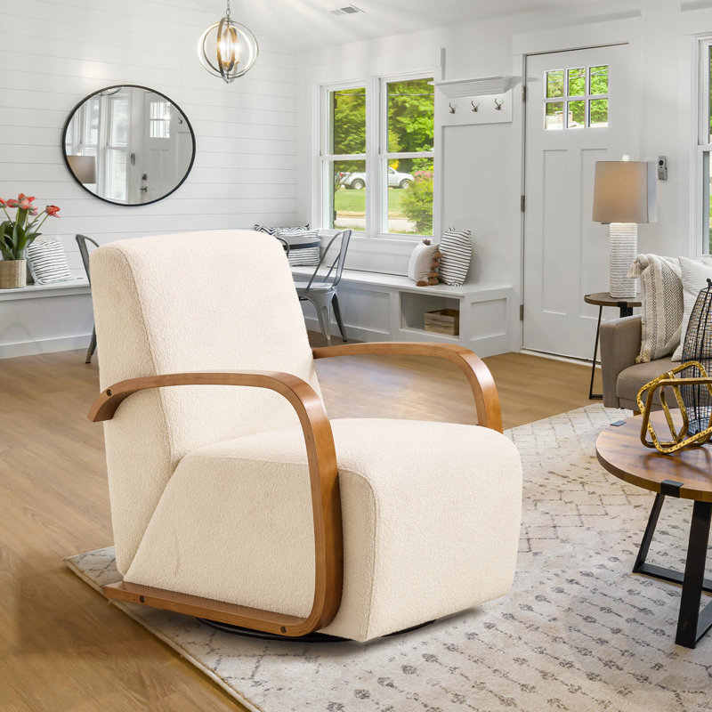 Swivel Accent Chair,Modern Armchair with Solid Wood Arm Handrail for Living Room Bedroom Study Room, White