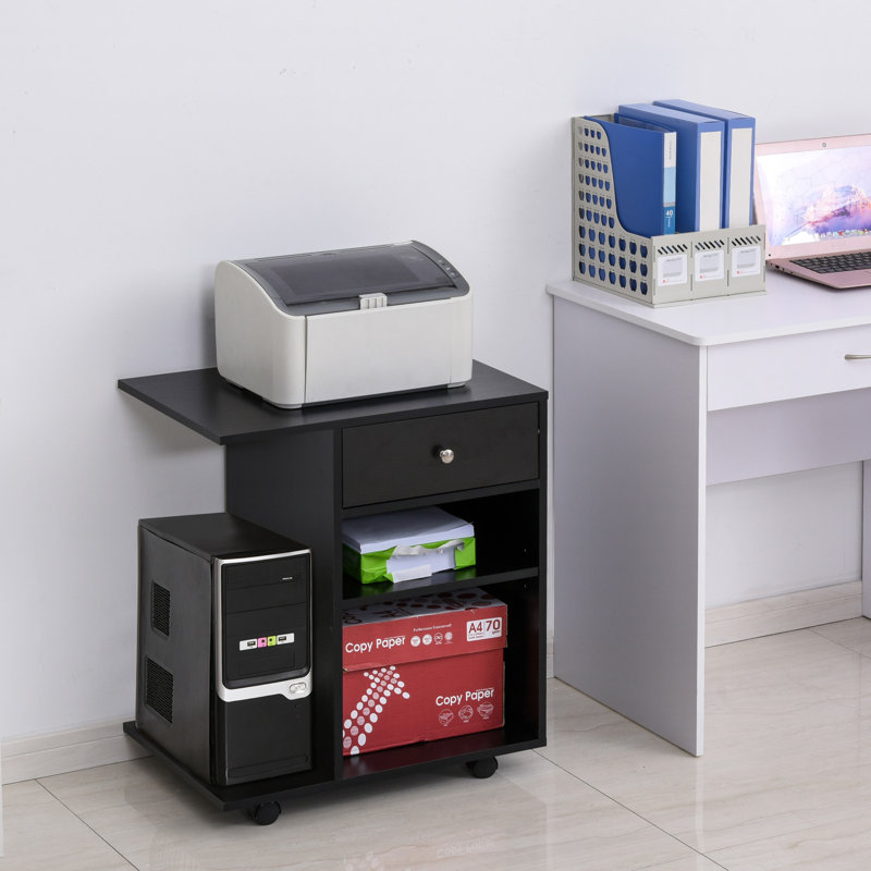 Black Mobile Printer Stand with Drawer and Adjustable Shelf