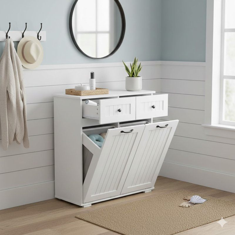 Armoire à linge avec 2 paniers à linge amovibles et 2 tiroirs