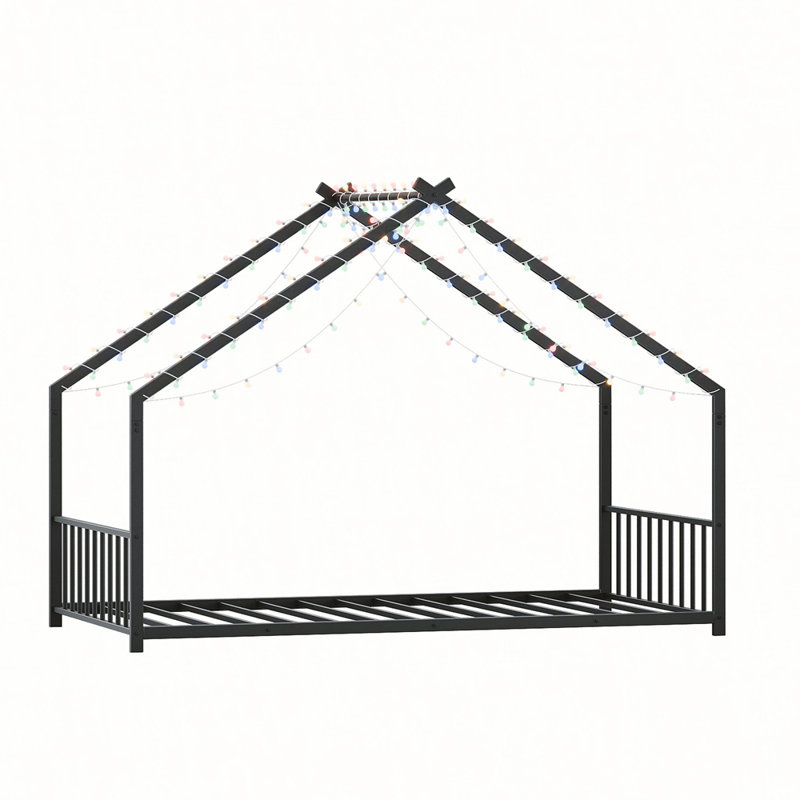 Children's Bed Frame with LED Light Strips, Sturdy Roof-Shaped Iron Frame for Safe and Fun Sleeping, Black, Twin