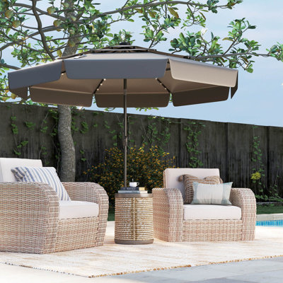 10 Ft Solar Patio Umbrella With 32 Led Lights 3-tier Vented Top & Ruffles
