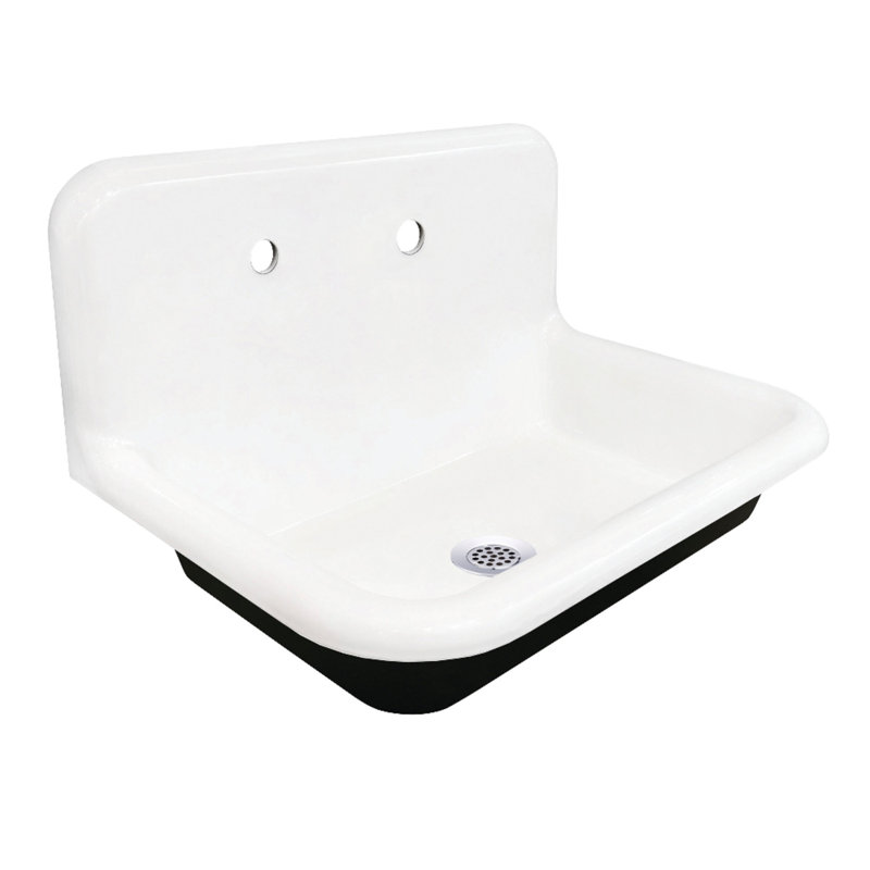 Kingston Brass Towne 30-Inch Cast Iron Single Bowl Wall Mount Utility Sink With Drain, Polished Chrome/White