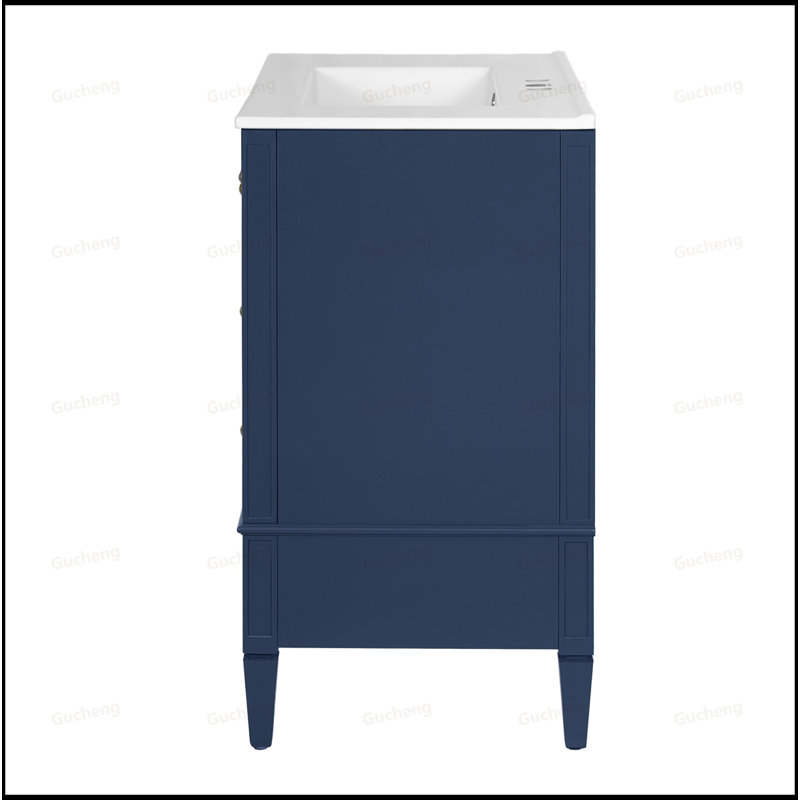 Meuble-lavabo 30 po avec tiroirs et lavabo en céramique, Bleu marine/doré
