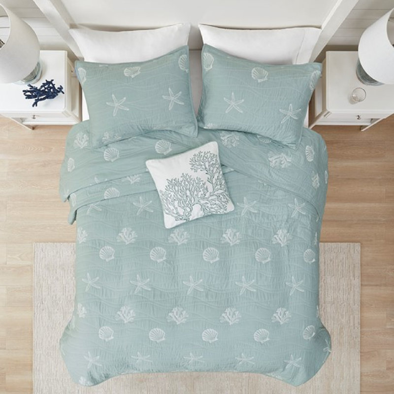 Coastal Embroidered Cotton Bedding Sets, King/cal King Size, Aqua, Reversible Quilt With Decorative Pillow