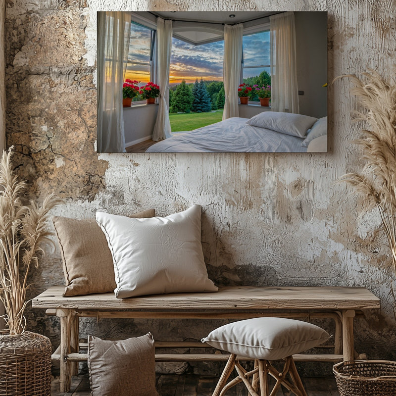 Toile une scène de chambre à coucher sereine avec de grandes fenêtres ouvertes encadrées par de doux rideaux blancs transparents révélant un art mural sur toile à couper le souffle