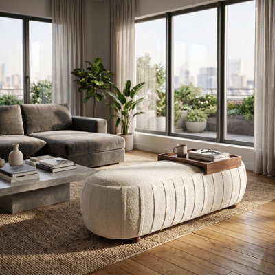 Oval Upholstered Boucle Ottoman