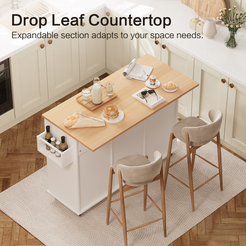 47'' Kitchen Island With Drop Leaf, Tilt Out Kitchen Trash Cabinet, Rolling Storage Cart With Lockable Wheels & Adjustable Shelves