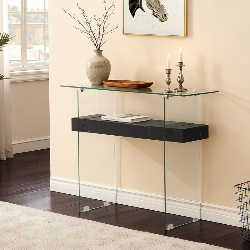 Console en verre trempé avec tablette, Marbre noir, H 31,5 po x l 39,4 po x P 13,8 po