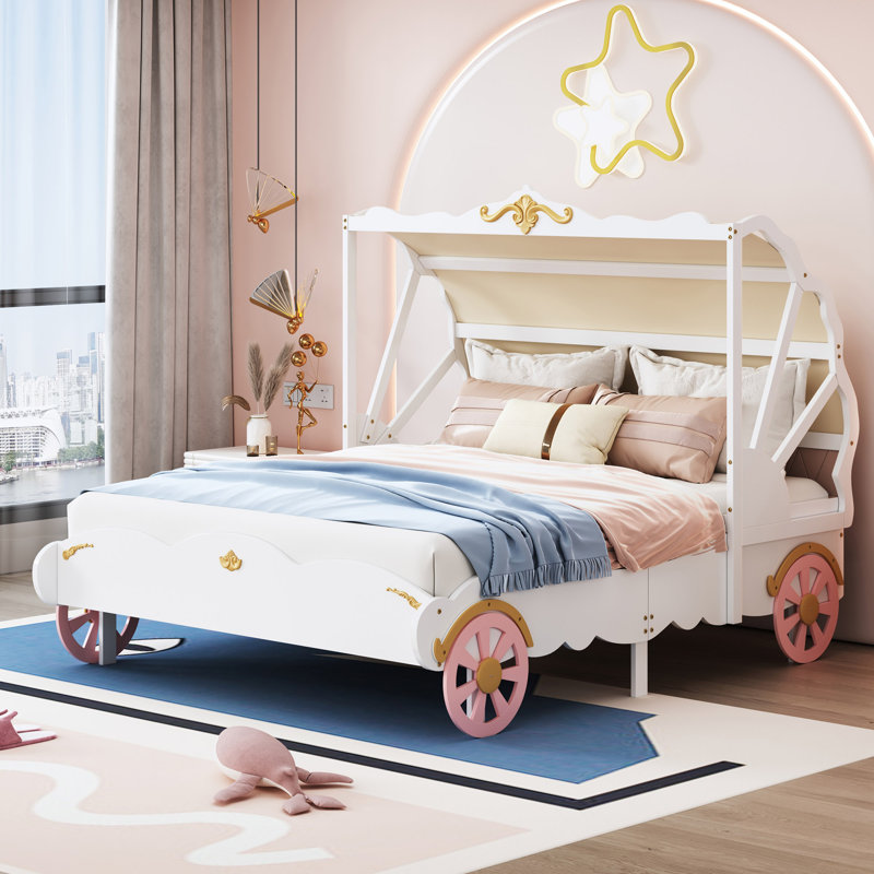 Lit avec baldaquin, lit plateforme voiture en bois avec motif 3D, Double