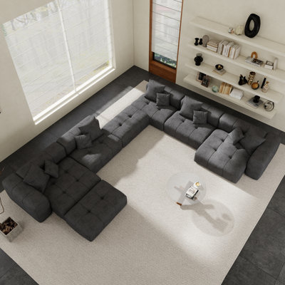 Kay Crumley 7-Piece Upholstered Modern Linen Fabric Sectional Sofa With Ottoman