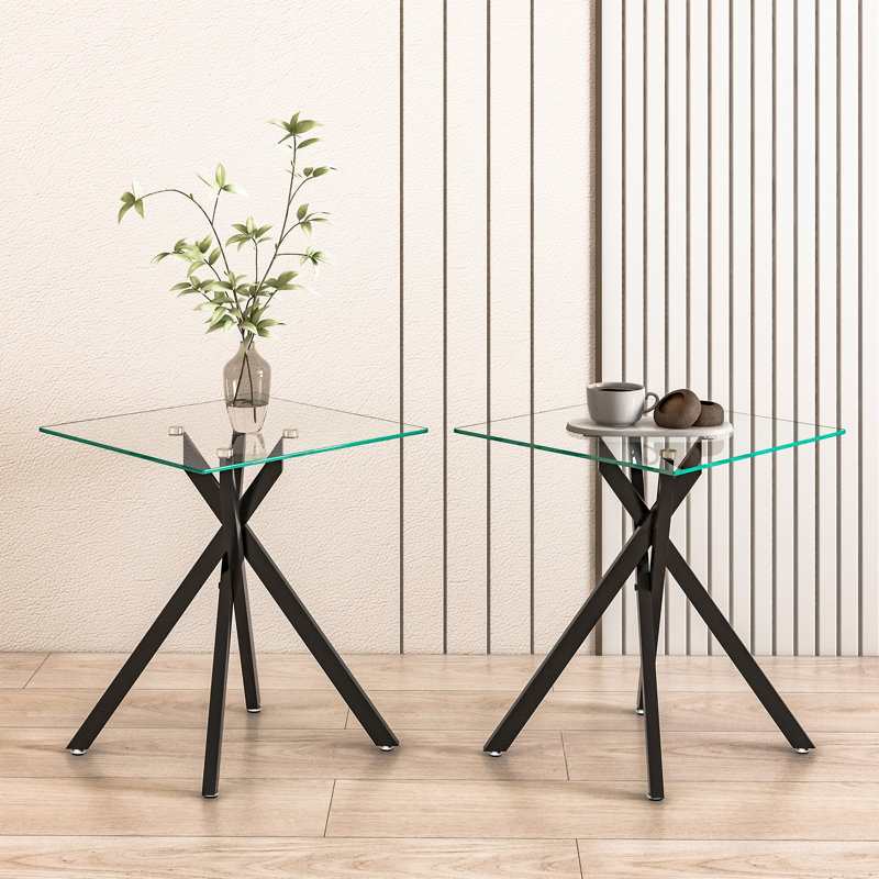 Table de bout carrée en verre transparent 17,72 po, Noir, 2 pièces