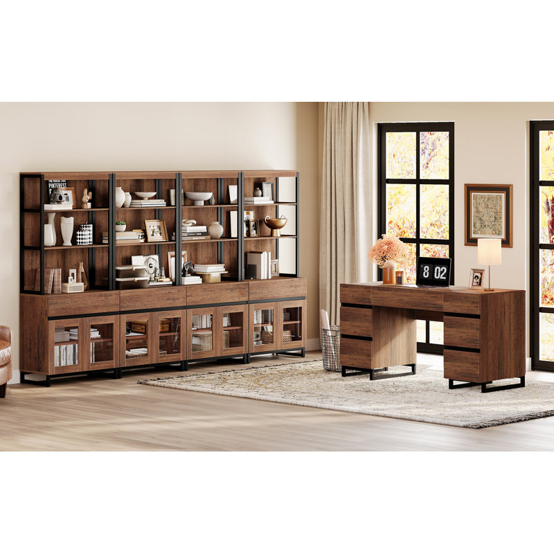 Office Furniture Set: 59In Modern Executive Desk With Charging Station & Drawers And Four 72In Tall Bookcases With Storage Cabinet, Home Office Furniture For Work Study