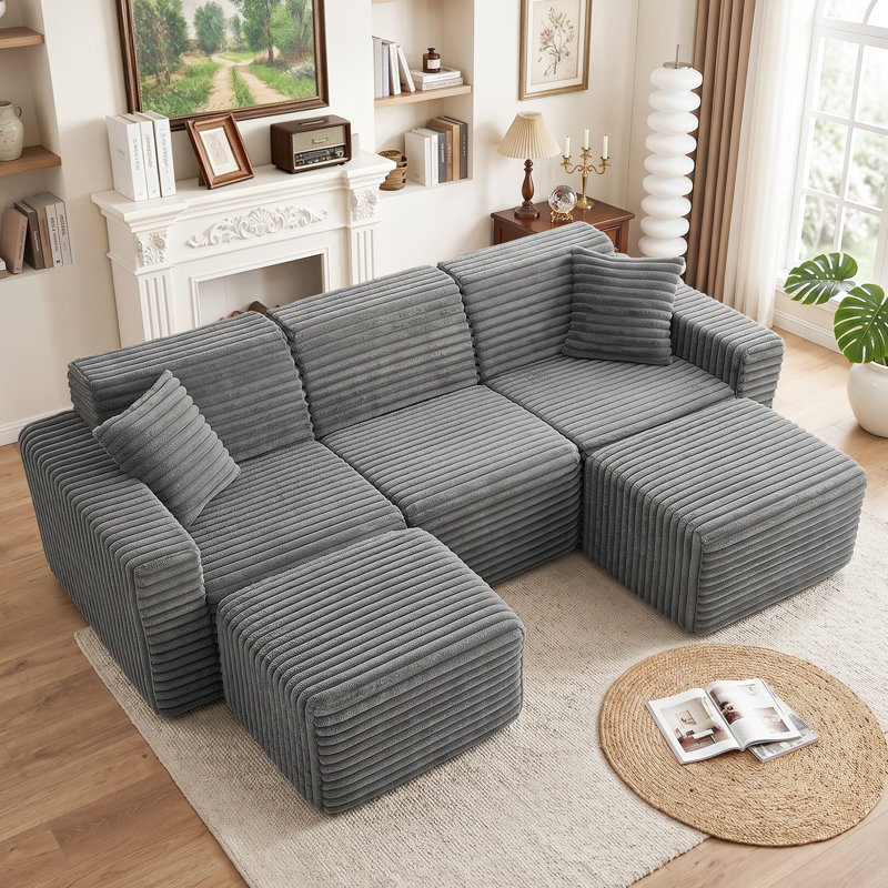 Canapé modulaire 5 pièces rembourré en flanelle de fourrure de lapin, Fausse fourrure grise