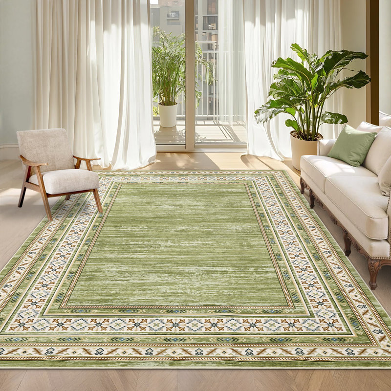 Tapis moderne lavable à la machine avec envers en caoutchouc, Vert, 5 x 7 pi
