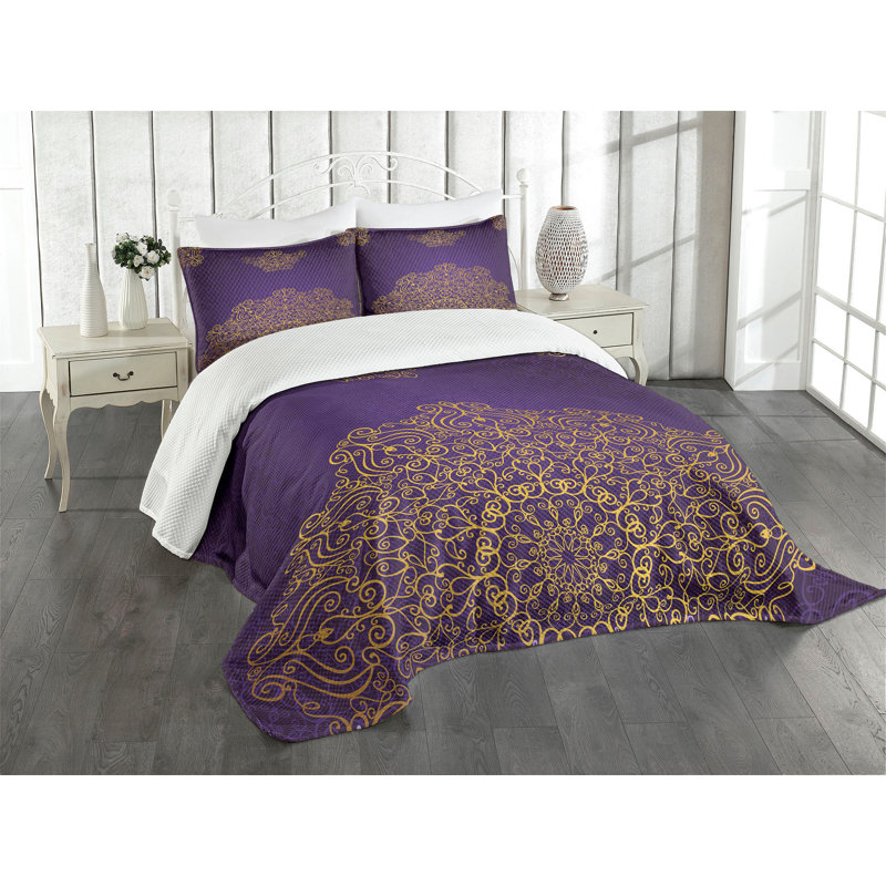 Twin Quilted Bedspread Set with Ornate Purple and Gold Motif
